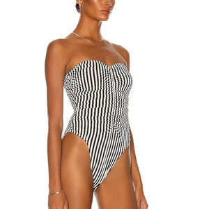 Norma Kamali Slinky Marissa Ivory Black White Stripe One Piece Swimsuit Large BN
